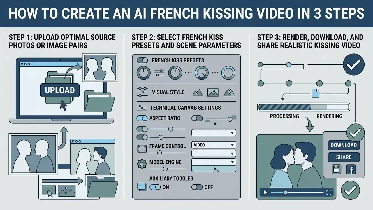Three-step visual guide showing photo uploads, parameter selection, and final video rendering process