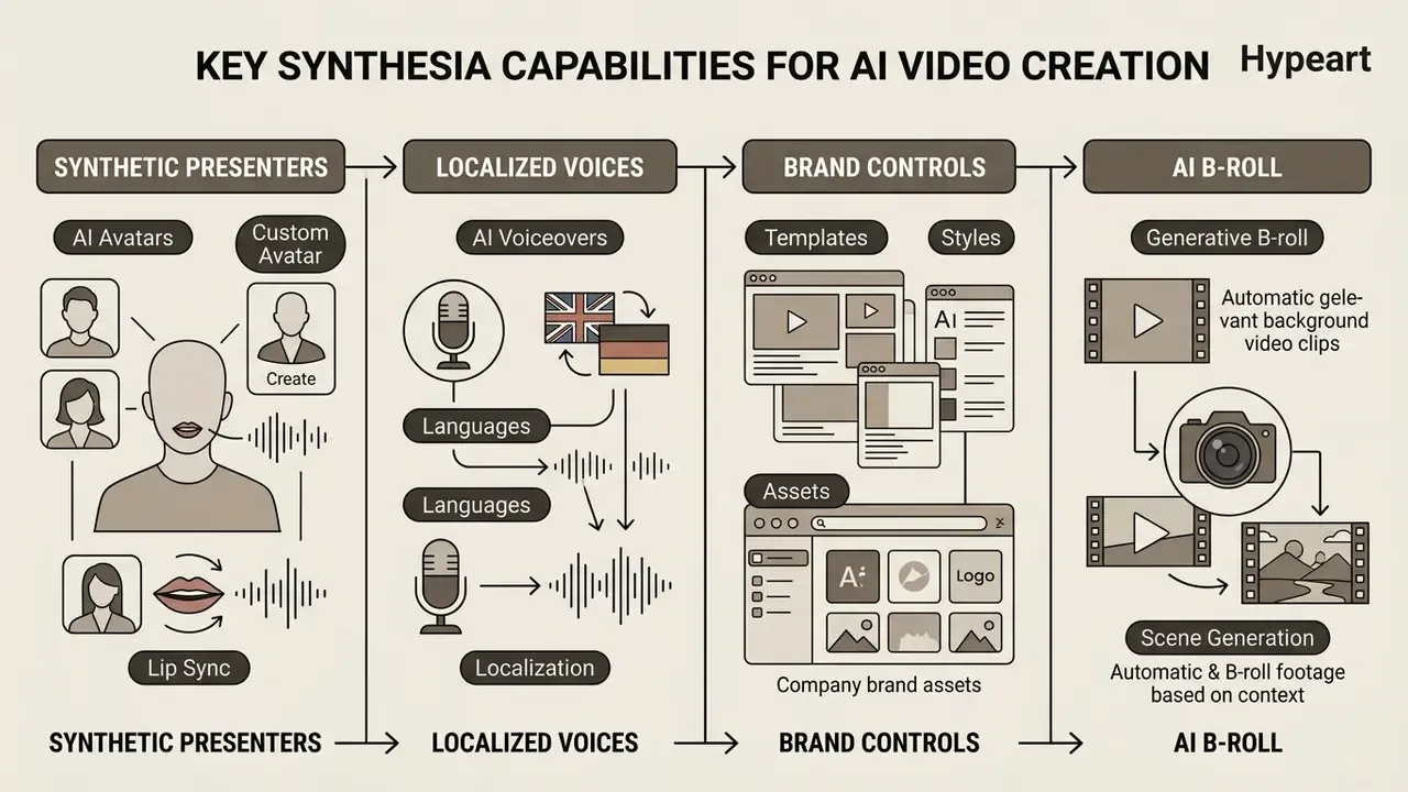Diagram detailing platform features including synthetic presenters, localized voices, brand tools, and B-roll