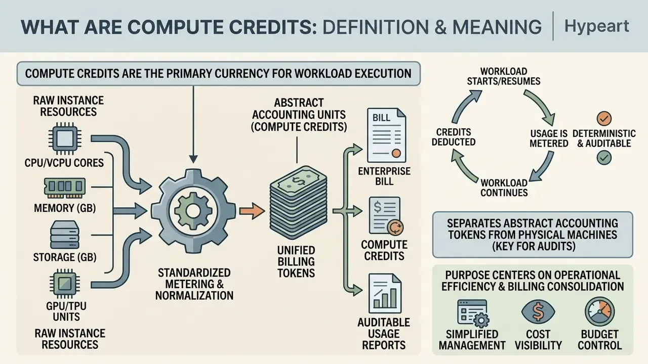 Infographic showing how raw cloud resources are normalized into standardized compute credit tokens