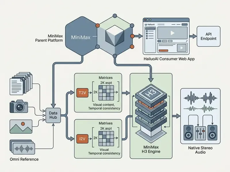 Diagram showing the MiniMax AI video generator ecosystem connecting data inputs to the H3 engine