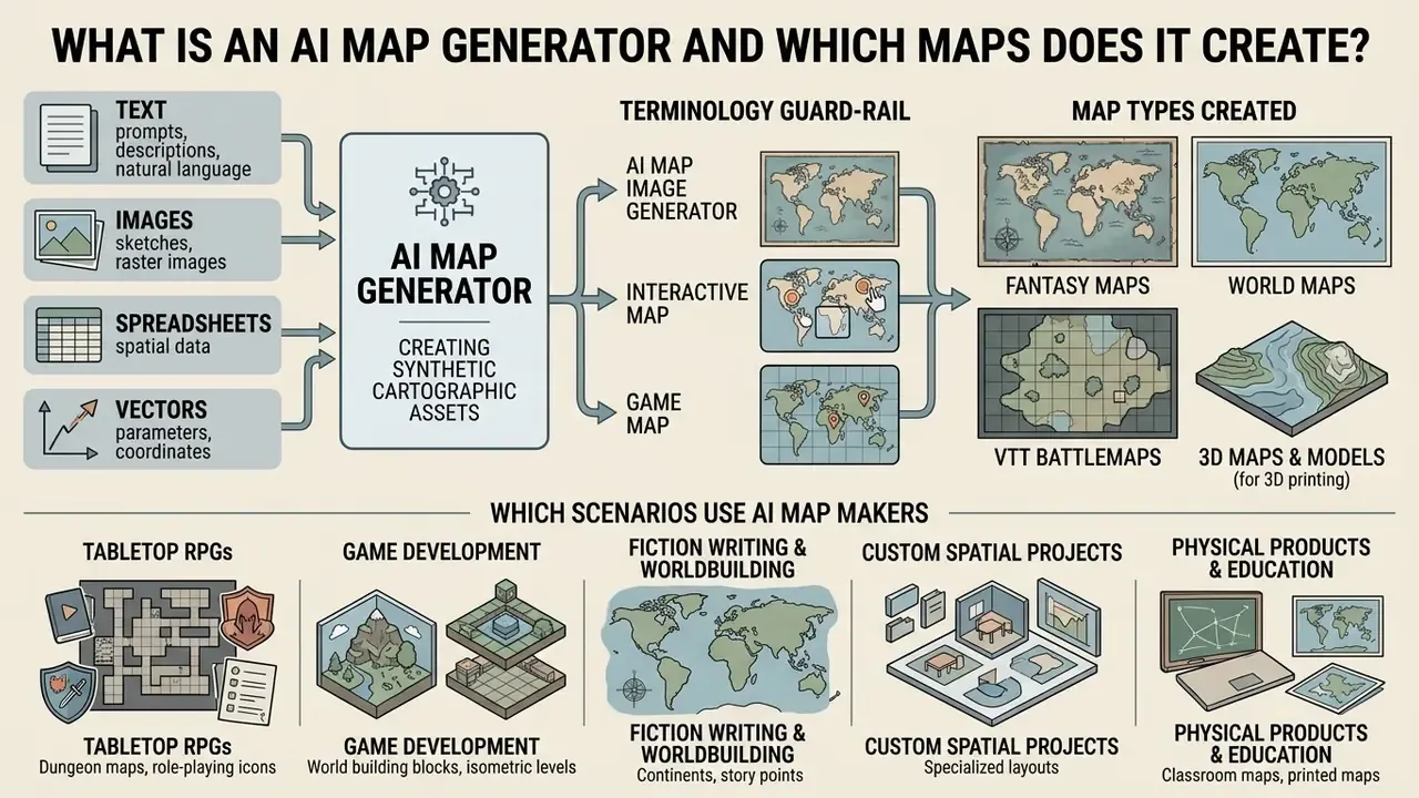 Diagram showing how input data is processed into various map types and used in different industry scenarios