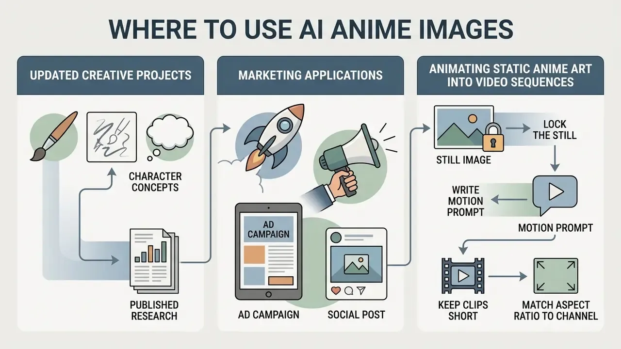 Flowchart detailing creative project use, marketing applications, and animating static anime art sequences