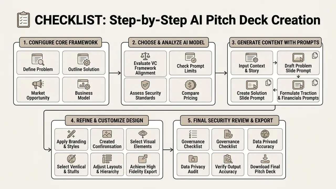Five numbered stages showing a workflow for developing startup presentations from framework to final export