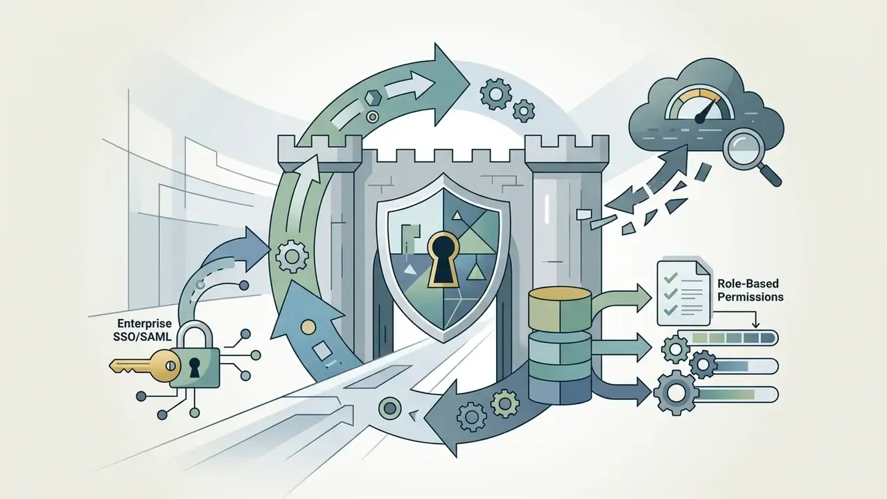 Castle gate with a shield and keyhole icon surrounded by arrows, data storage, and permission controls