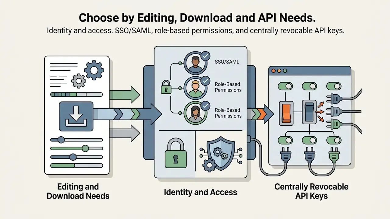 Workflow connecting editing and download tools to identity management and API key control panels