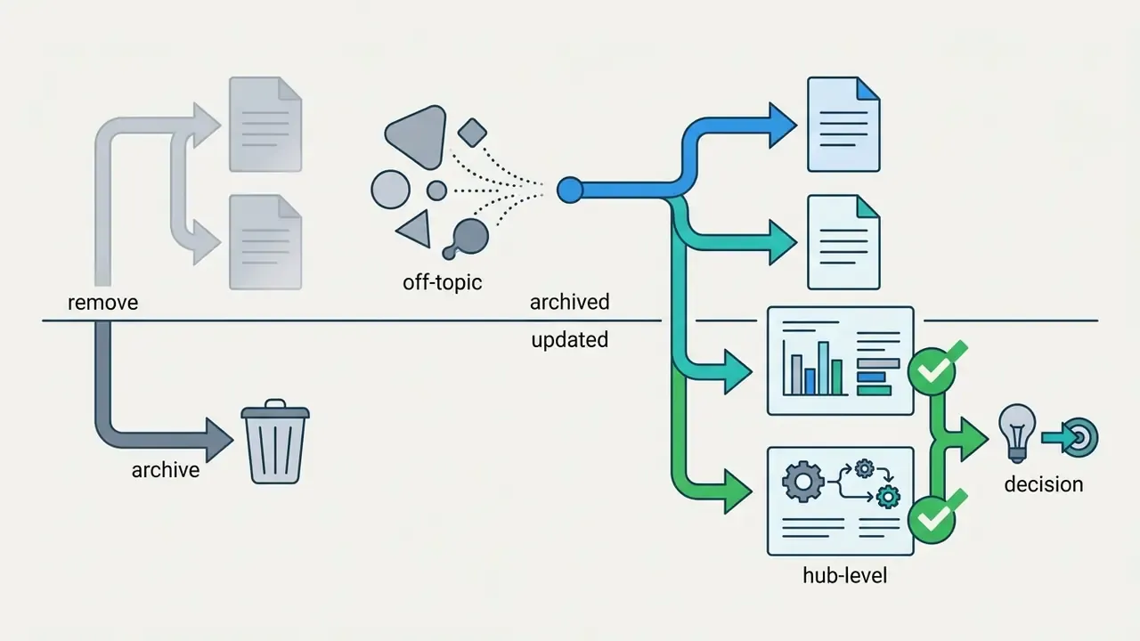 Pathway showing off-topic content being archived and relevant hub-level links guiding a user decision