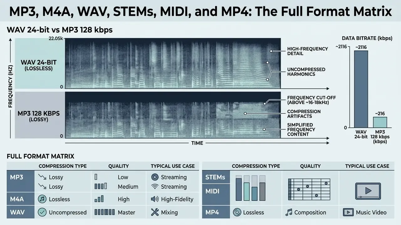 Spectrogram comparison showing audio frequency differences between lossless WAV and lossy MP3 formats