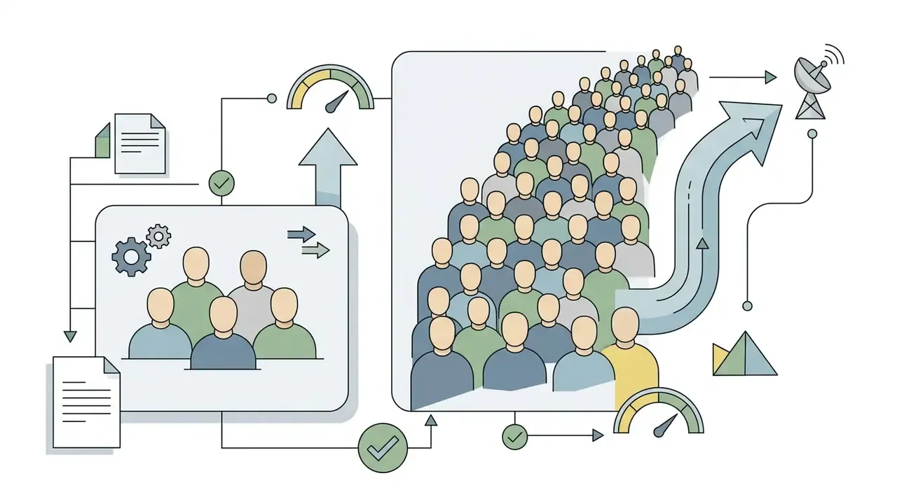 Small group of people scaling up to a large audience via satellite transmission and performance gauges