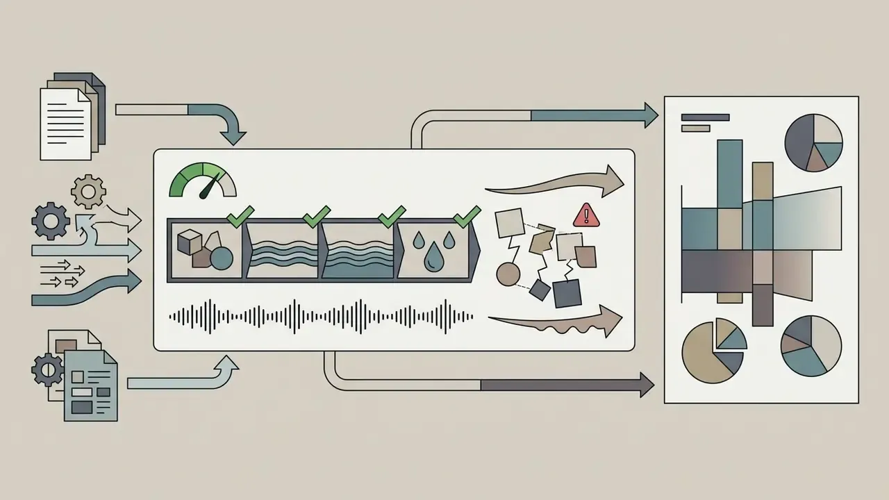 Technical diagram showing AI video generation steps with progress markers and sound wave analysis