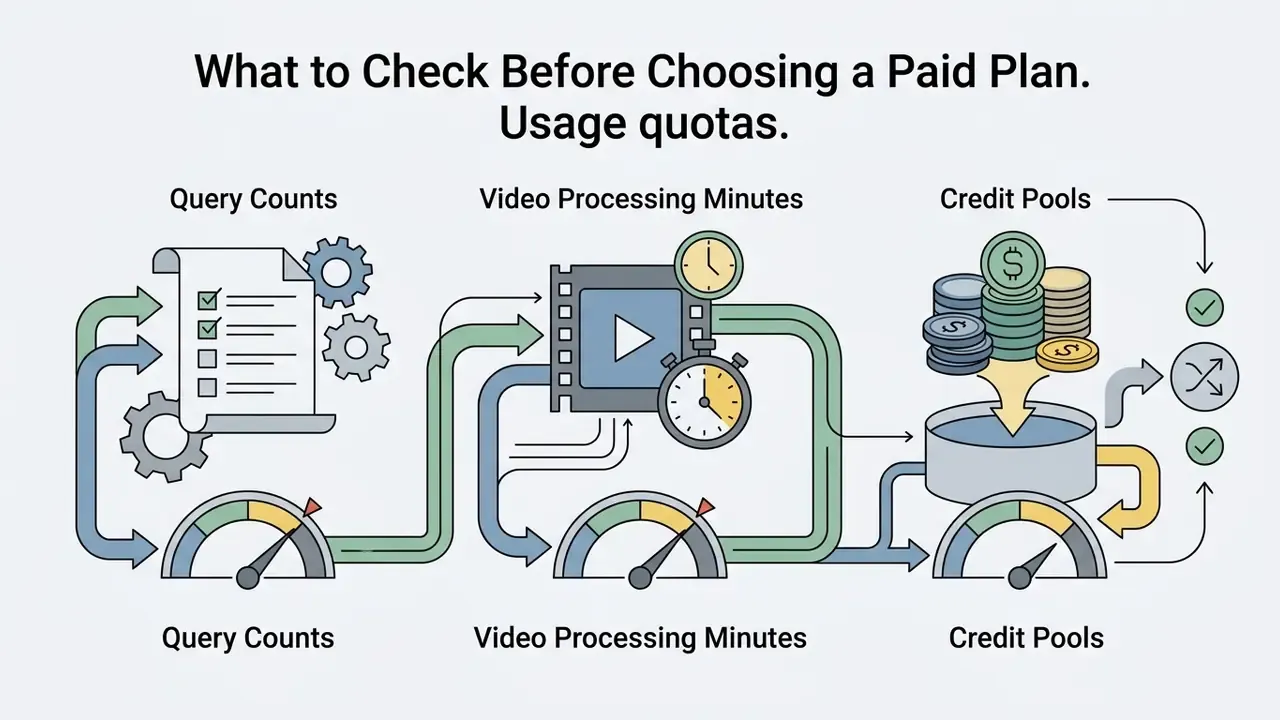 Three processing stages showing query counts, video minutes, and credit pools measured by gauges