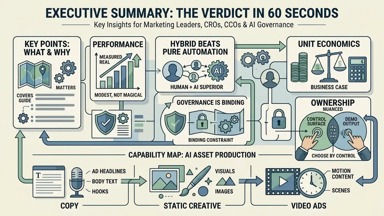 Flowchart outlining key insights for AI marketing strategy including performance and governance factors