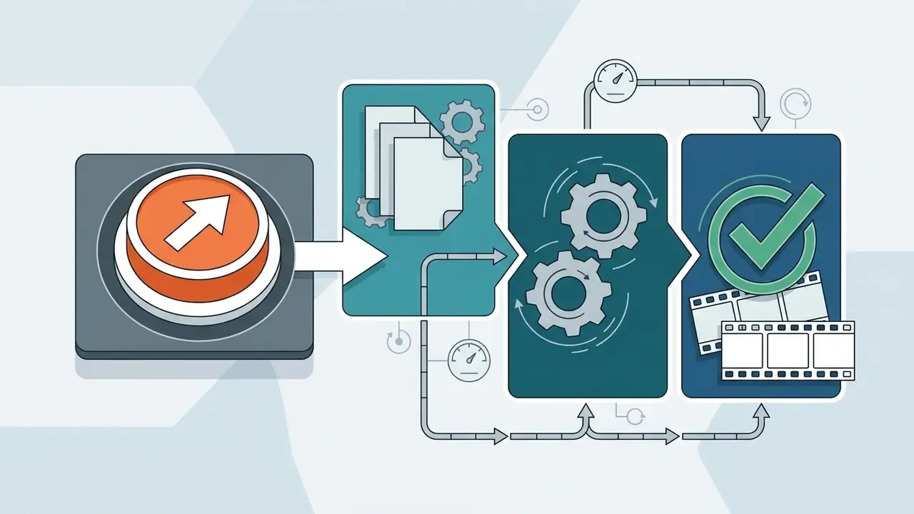 Orange button triggering a sequence of document processing, gear-driven refinement, and final video completion