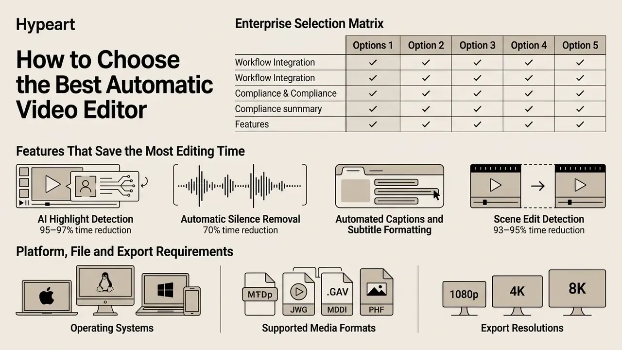 Infographic comparing software selection criteria, time-saving features, and technical requirements