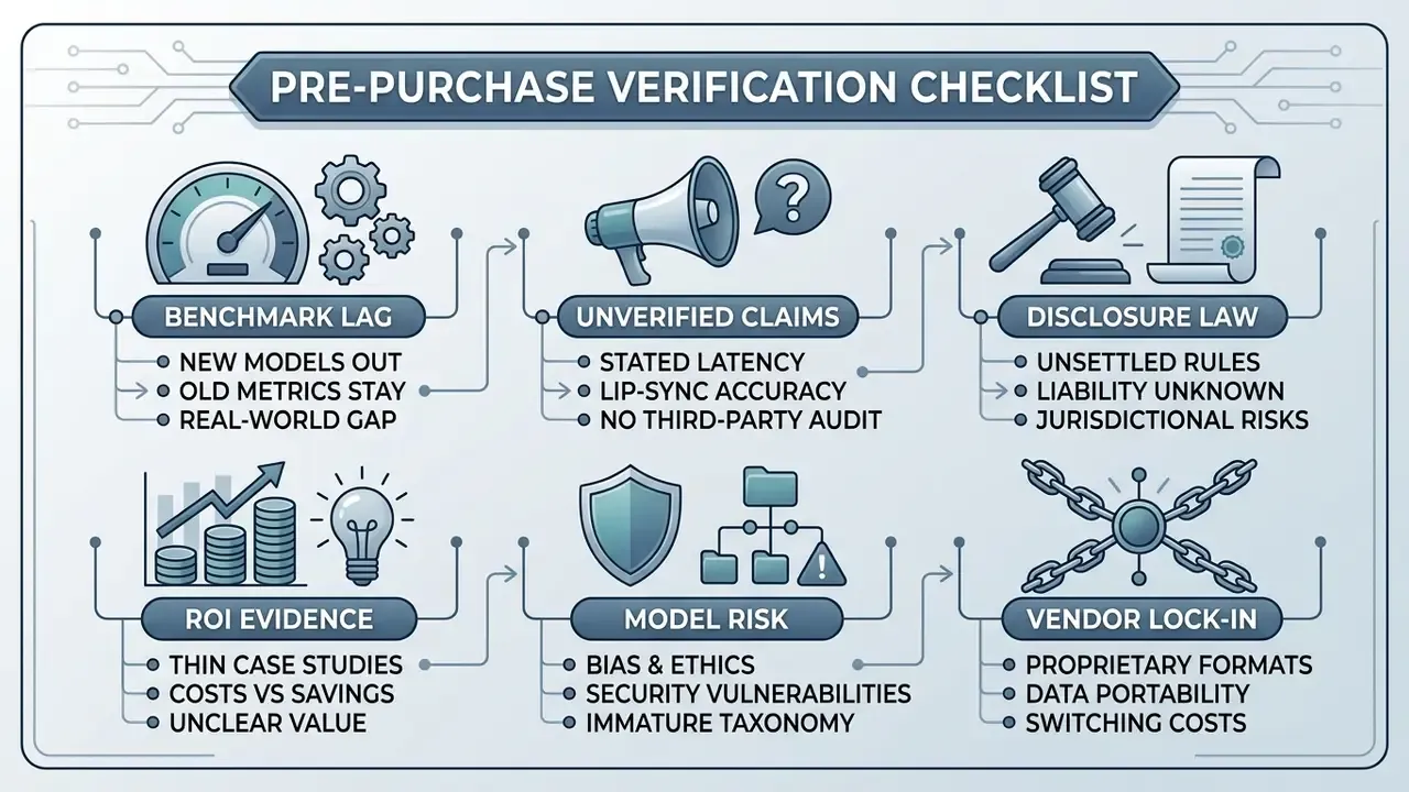 Infographic showing a pre-purchase verification checklist for AI video creation platform limitations