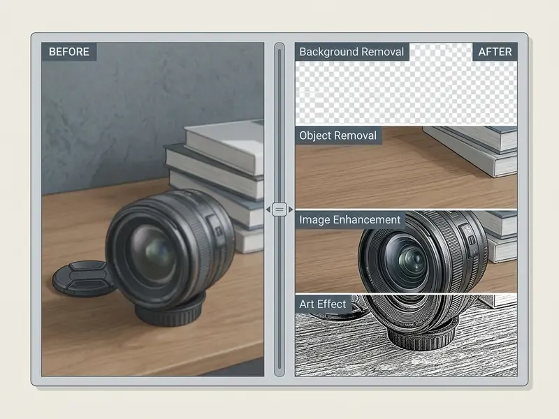 Split screen showing AI photo editor tools for background removal, object removal, enhancement, and art effects