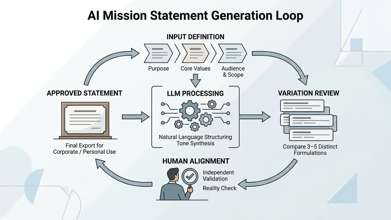 Circular process diagram showing five sequential stages for creating and validating mission statements