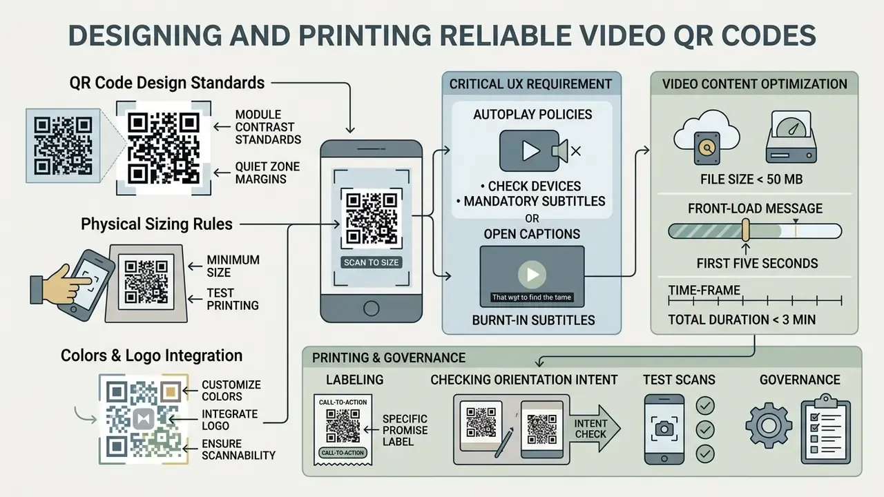 Diagram detailing design, sizing, and optimization standards for creating a reliable video QR code