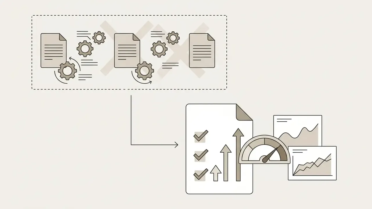 Document processing steps leading to a checklist with upward trending charts and a performance gauge