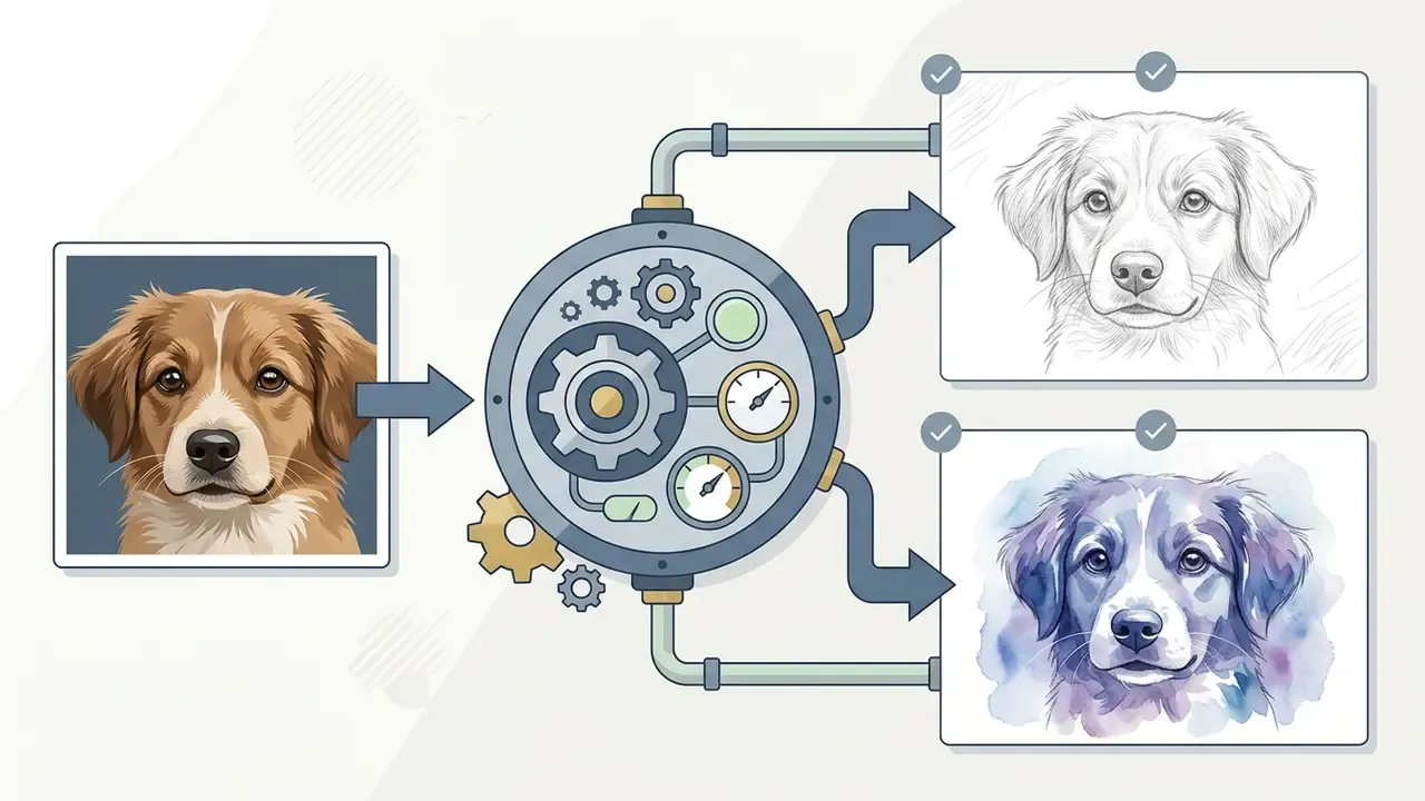 Dog photo processed through a gear mechanism into pencil sketch and watercolor art outputs