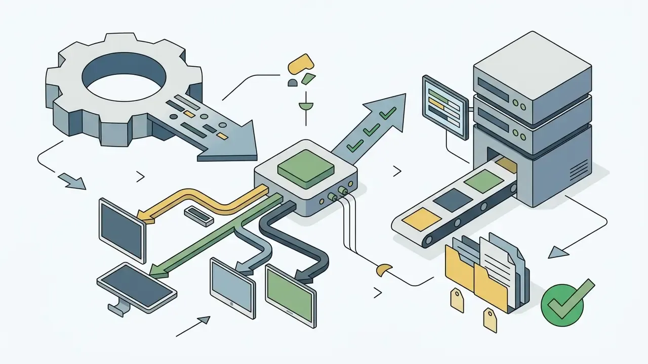 Central processor distributing media assets to various display devices and a server for final archiving