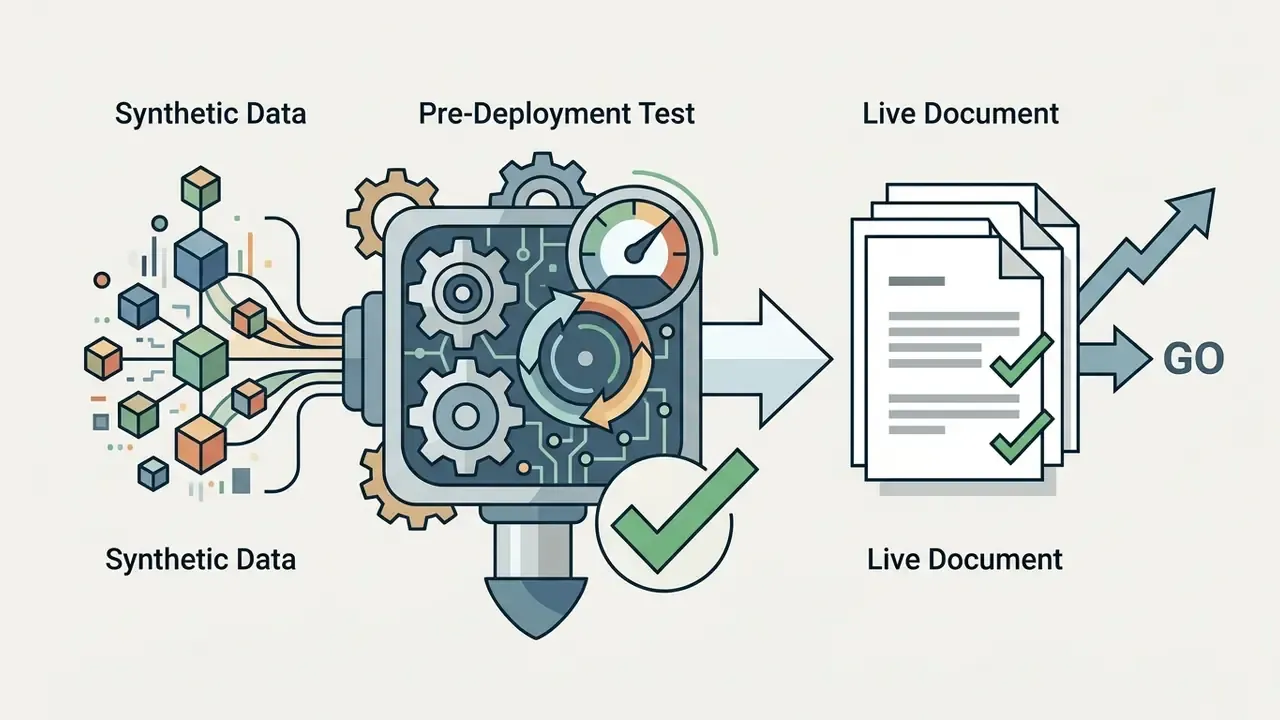 Synthetic data feeding into a gear processor for testing before approval for live document production