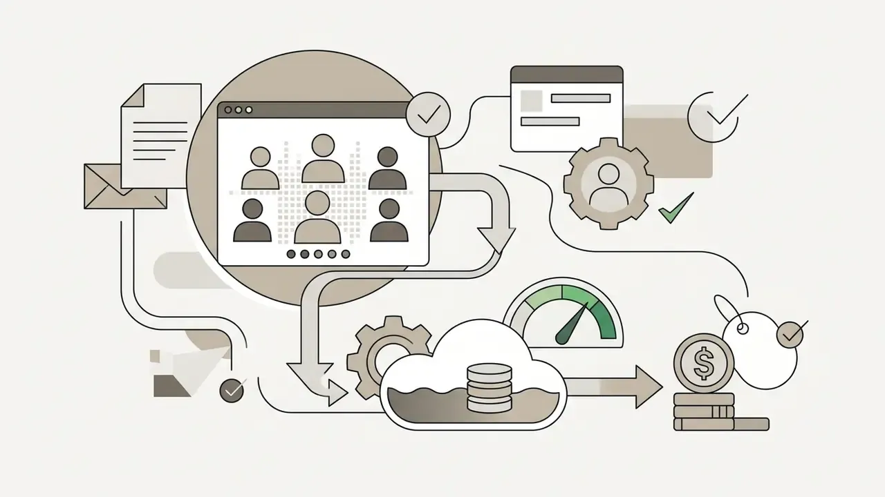 Group video call interface connecting to cloud storage, performance metrics, and subscription pricing