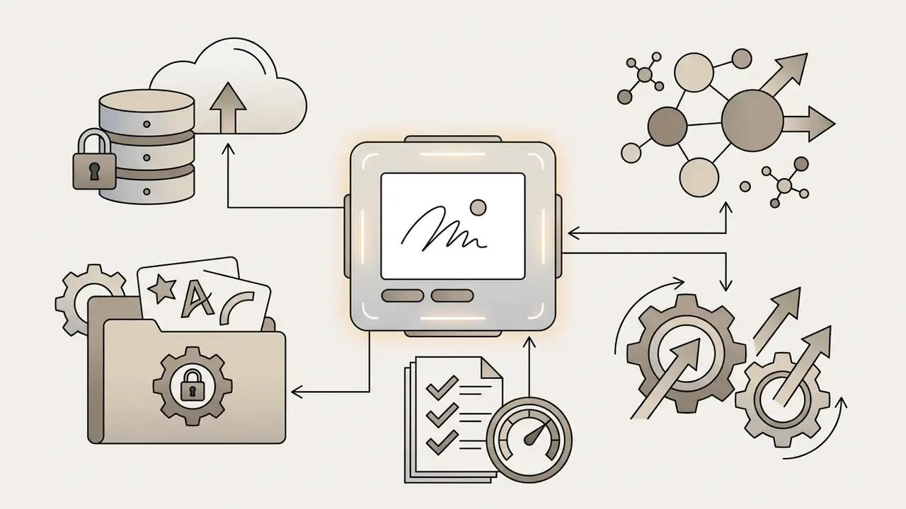 Workspace data and secure folders connect to a hub that outputs integrated workflows and status metrics