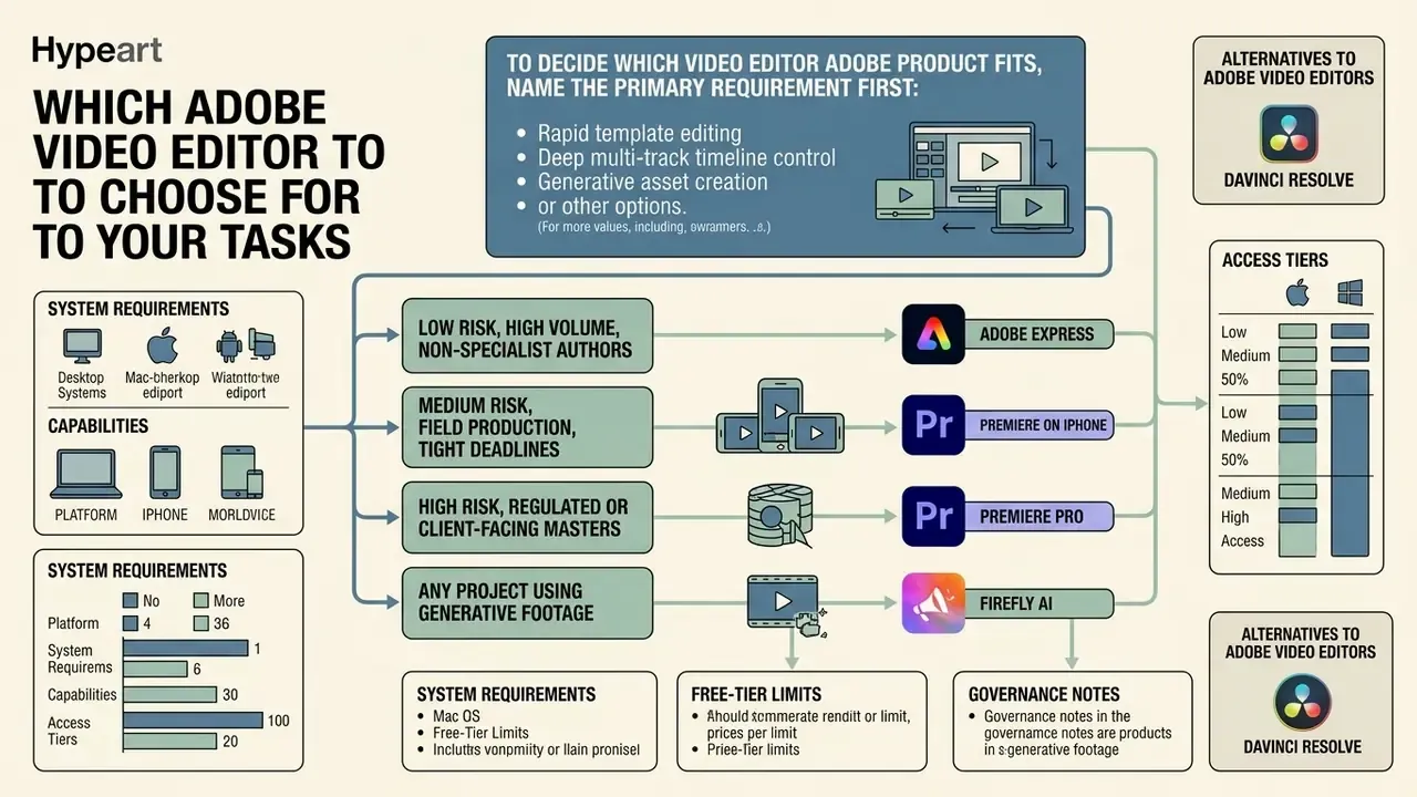 Decision flow chart mapping project requirements and risk levels to specific Adobe video editor tools