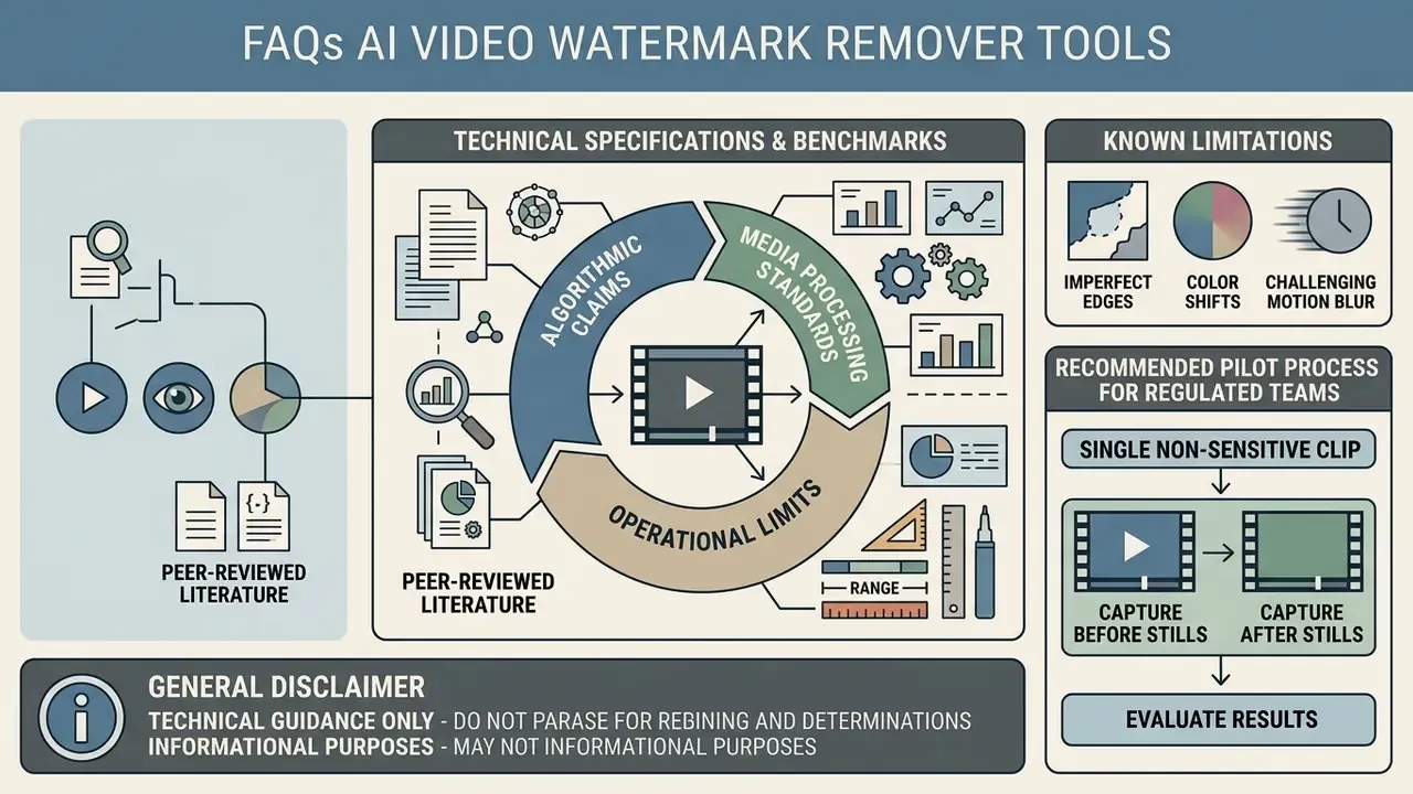 Infographic detailing technical benchmarks, limitations, and pilot testing for an AI watermark remover