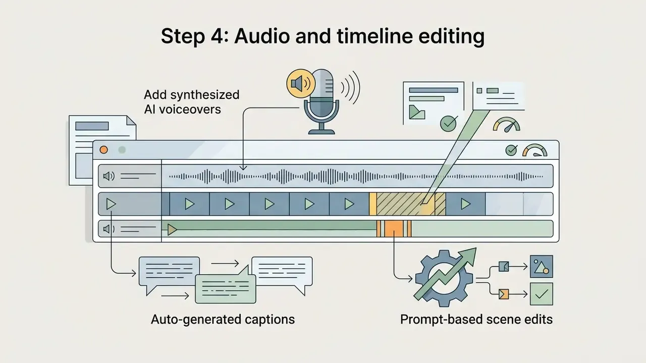 Video editing timeline showing audio tracks, auto-generated captions, and prompt-based scene adjustments