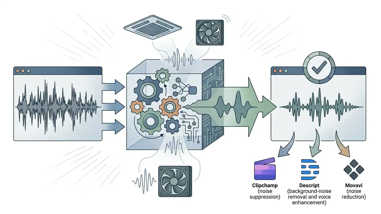 AI processing noisy audio into clean sound for video editing software like Clipchamp, Descript, and Movavi