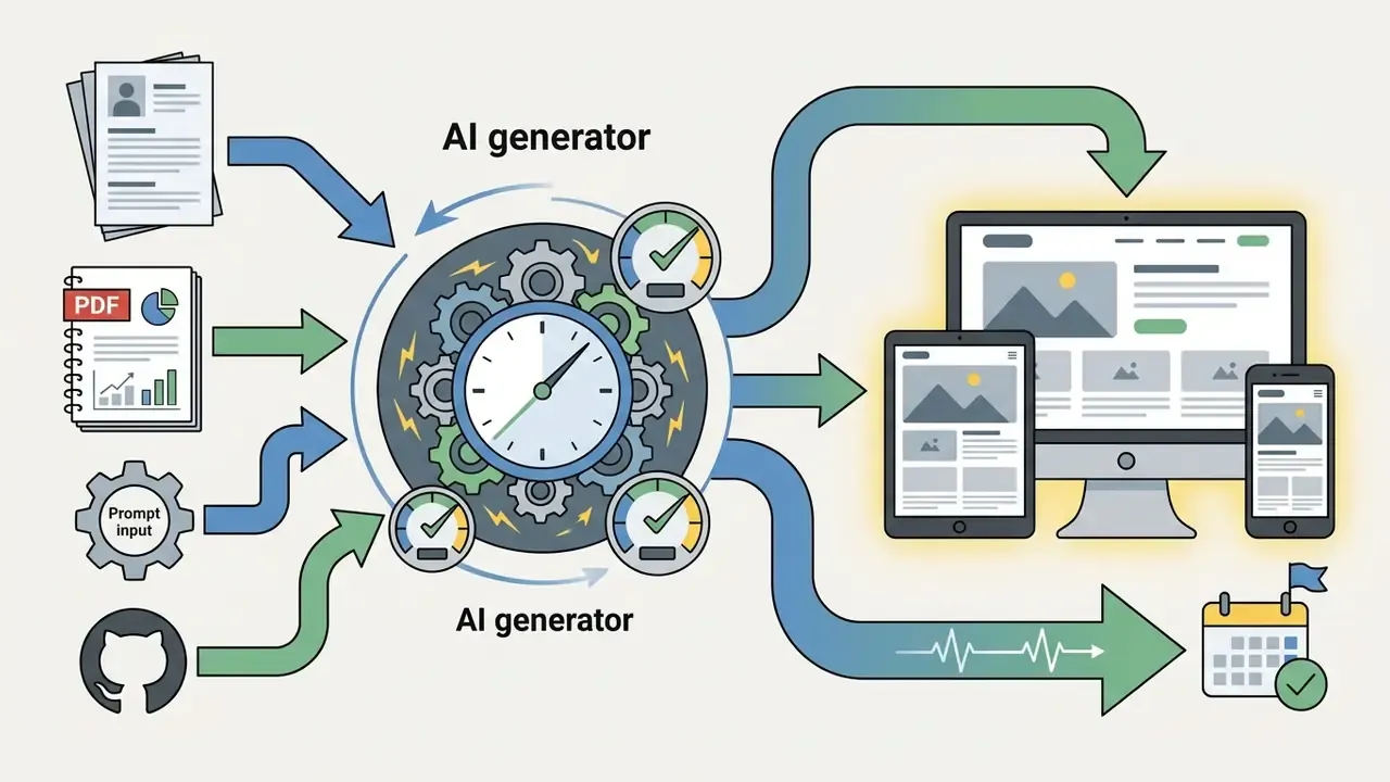 Diagram showing documents and inputs feeding a central clockwork engine to output responsive websites