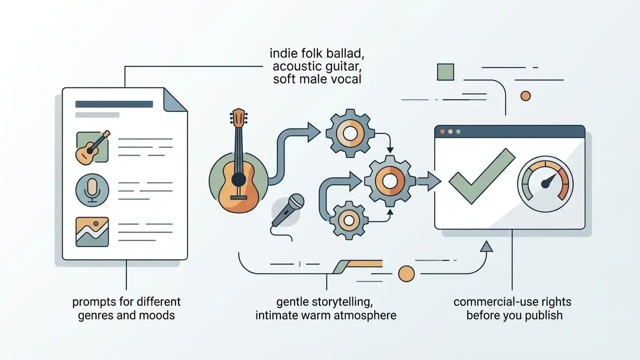 Acoustic guitar and microphone icons feeding into a gear system to produce a finished music track