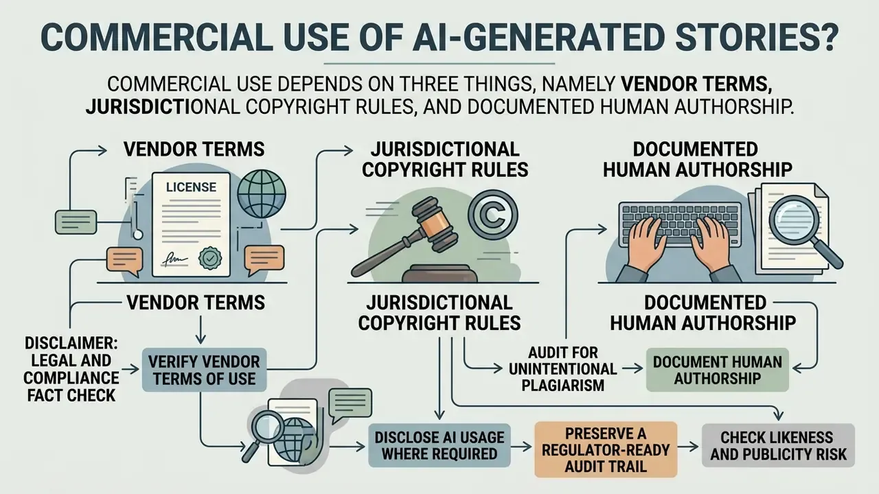 Flowchart detailing legal requirements for commercial content including vendor terms and human authorship