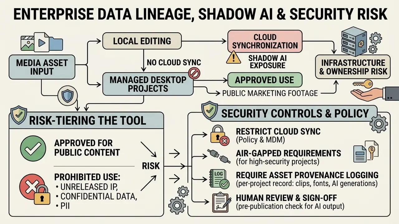 Diagram mapping media workflows to risk tiers and security policies for managing enterprise data lineage