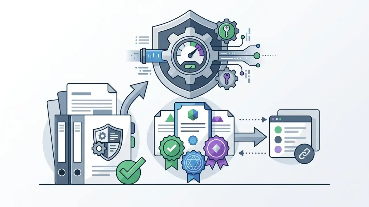 Shield icon with a gauge and keys connecting to compliance documents with seals and a linked web interface
