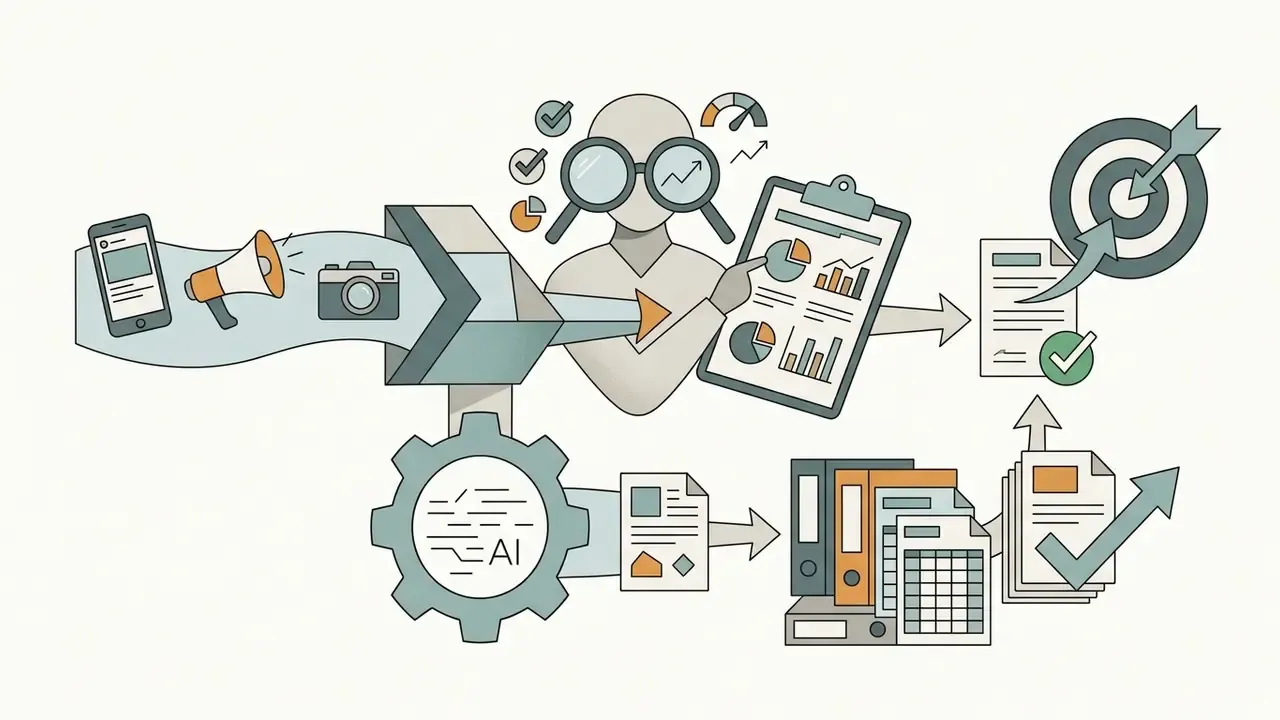 Person with magnifying glasses reviewing data on a clipboard while AI gears process documents into targets