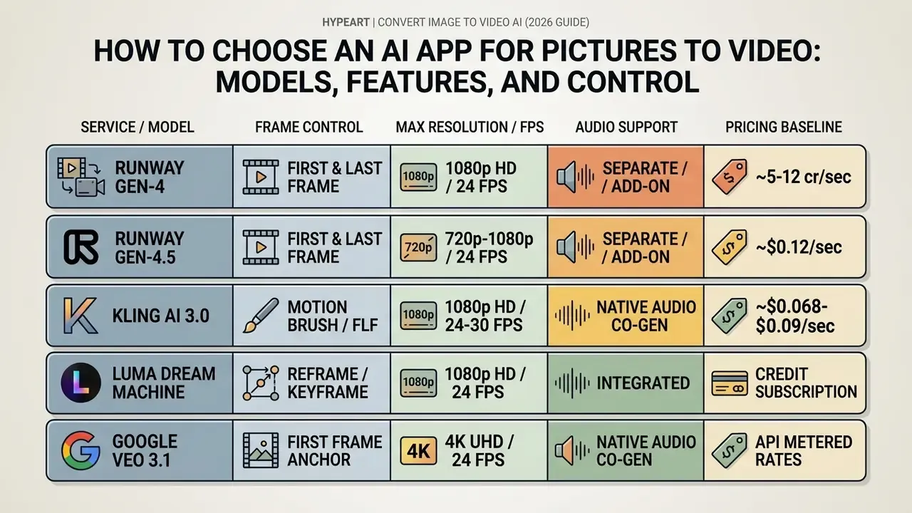 Comparison grid detailing service models, frame controls, resolution, audio support, and pricing options