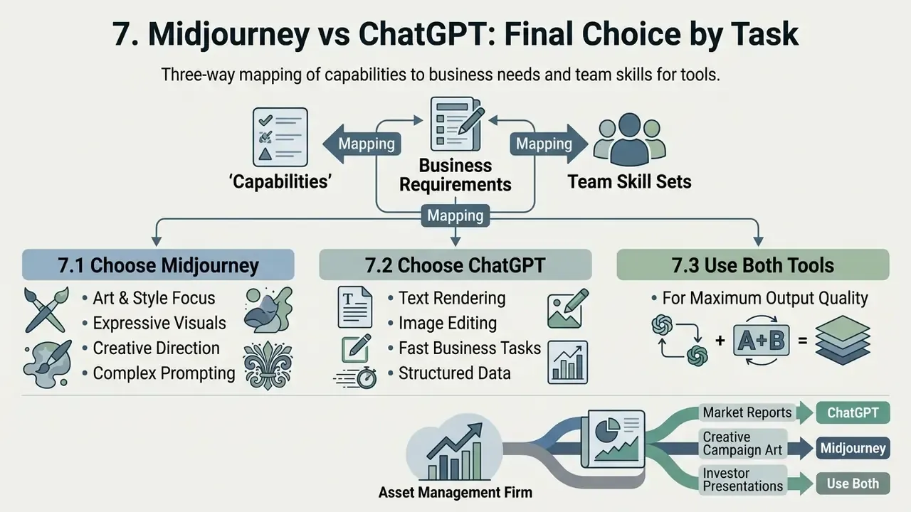 Decision framework mapping business requirements to Midjourney or ChatGPT use cases for an asset management firm