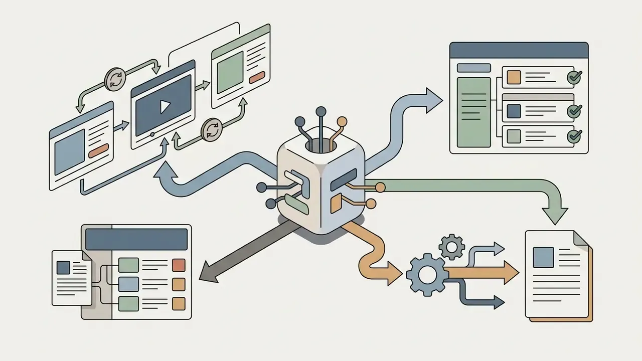 Central processing hub connecting video generation prompts to training modules and instructional documents