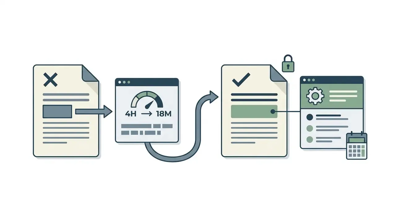 Document with an X and speed gauge being processed into a document with a check mark and methodology note
