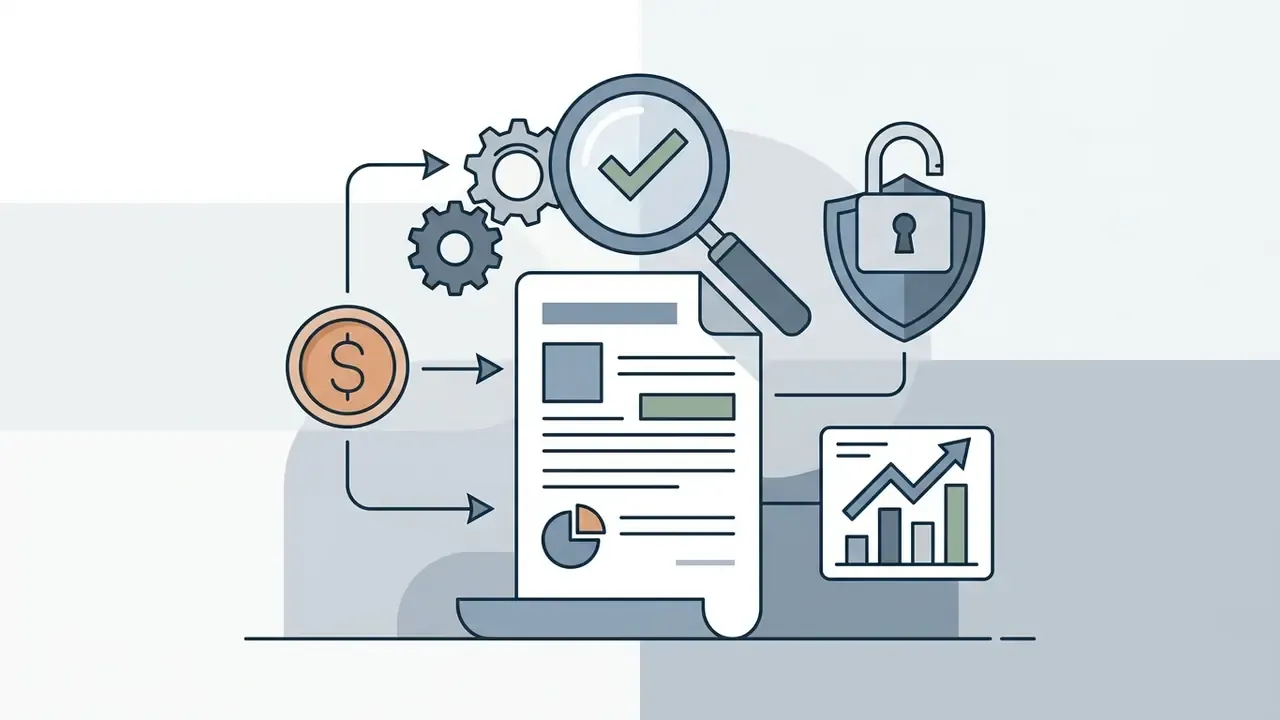 Document being reviewed by a magnifying glass and unlocked shield icon representing legal and ownership terms