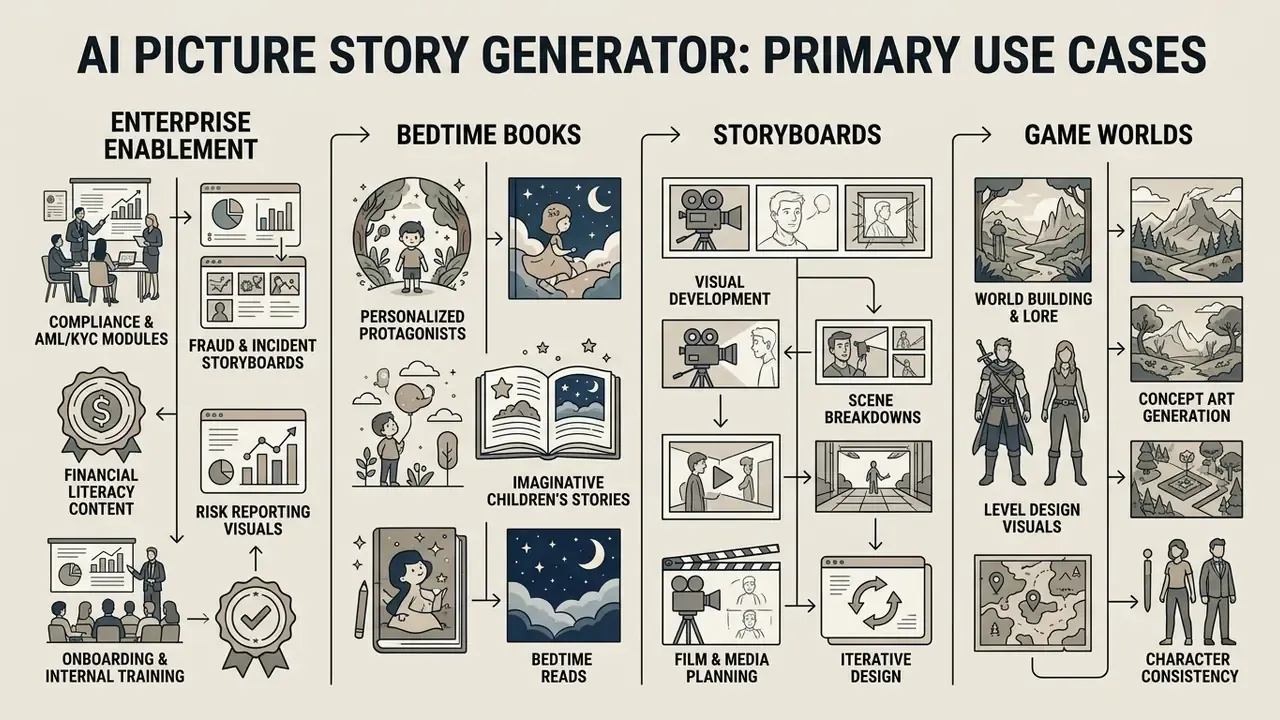 Infographic displaying diverse applications for an AI story generator across business and creative fields