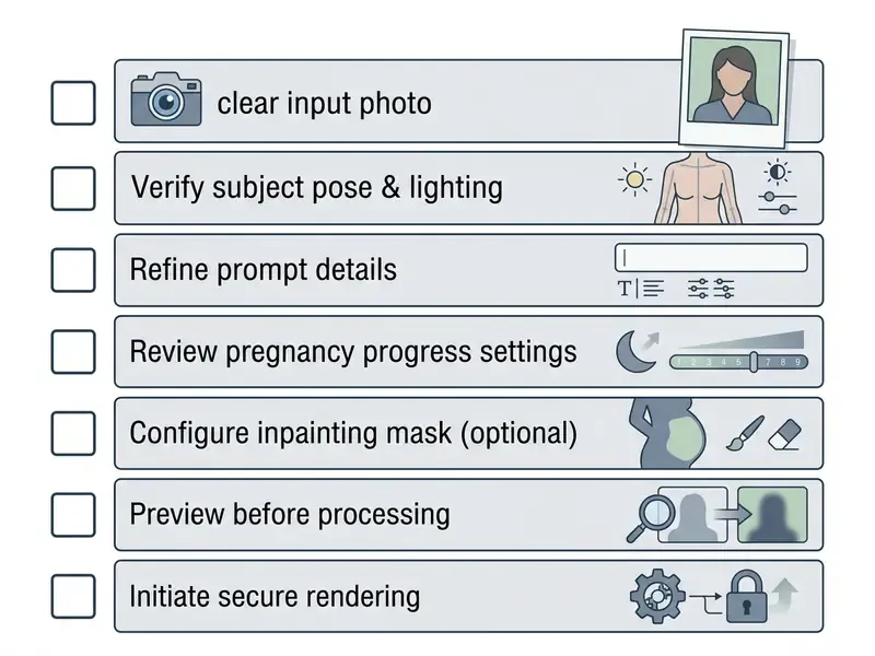 Checklist of seven steps for maternity image generation featuring icons for photo inputs and settings