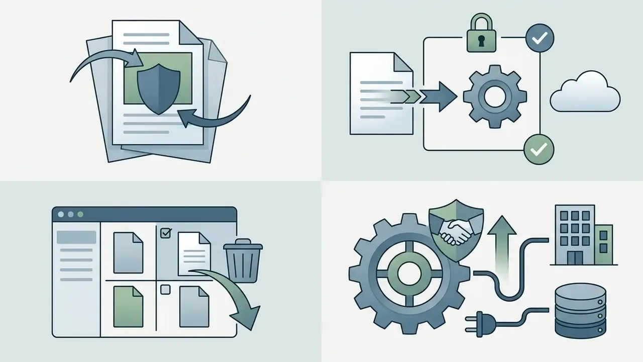 Four icons representing data masking, secure cloud processing, file deletion, and enterprise contracts