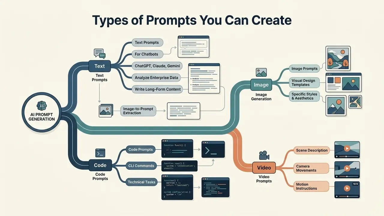 Mind map showing categories for AI prompt generation including text, code, image, and video workflows