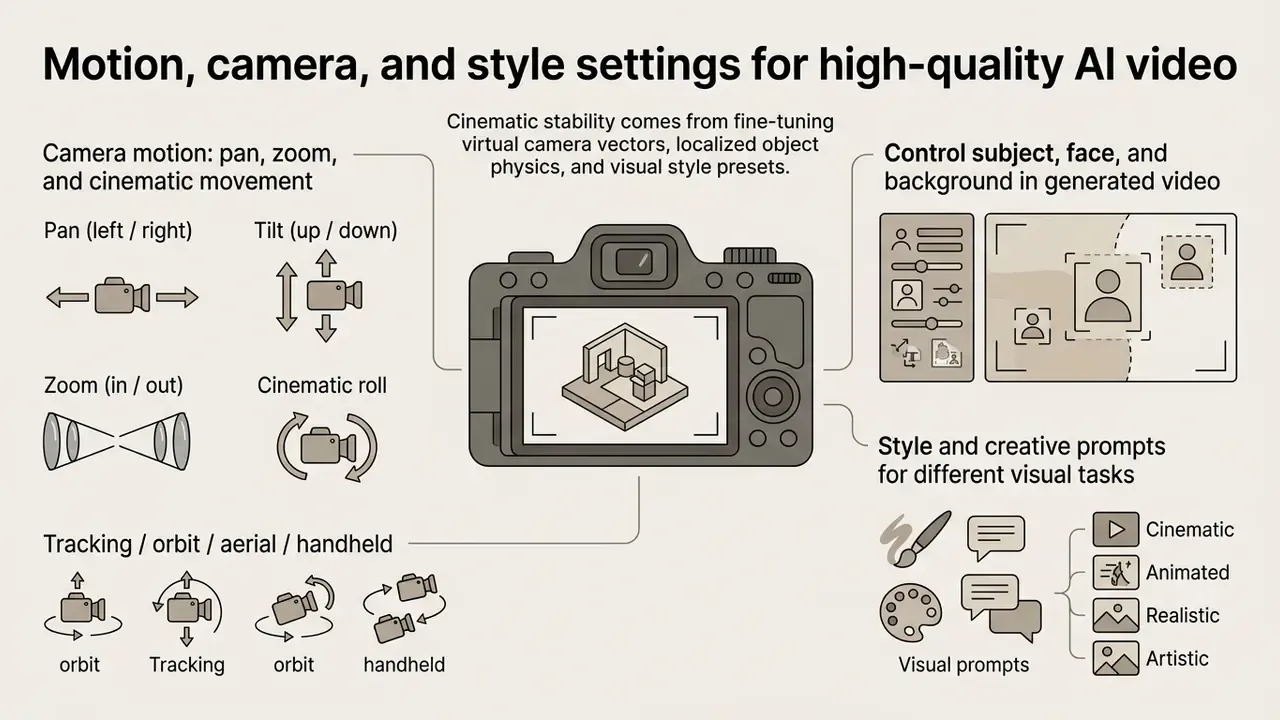 Camera icon surrounded by labels for motion vectors, subject control panels, and visual style presets
