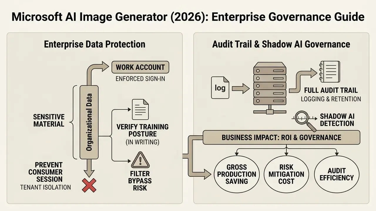 Diagram showing data protection workflows, audit logging, and business impact metrics for governance