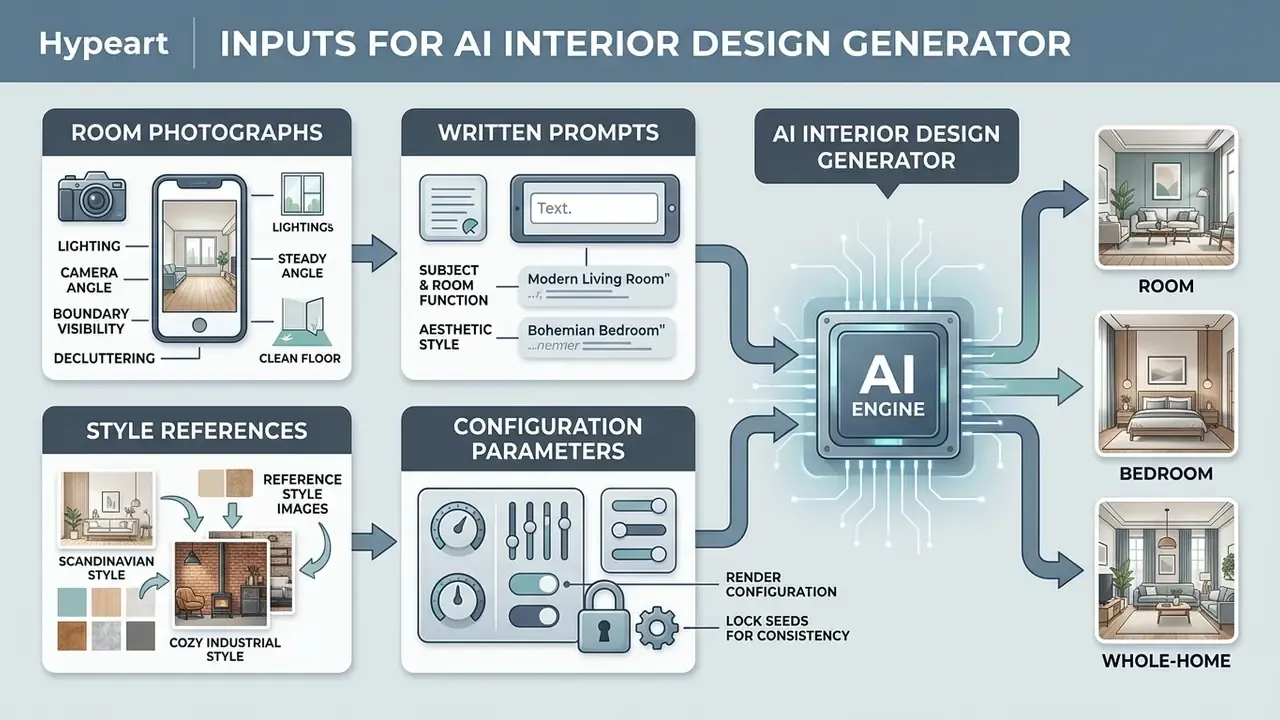 Diagram showing four data inputs like photos and prompts feeding into an AI engine to create room designs