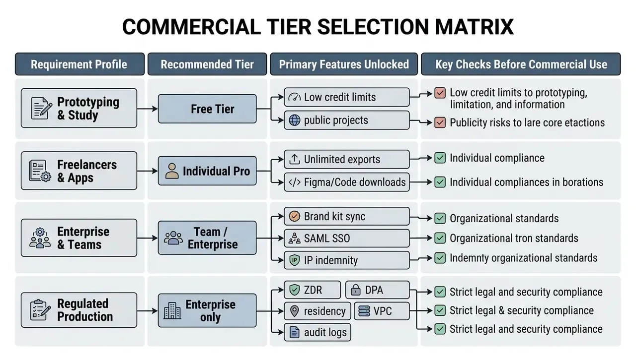 Matrix mapping requirement profiles to subscription tiers, unlocked features, and commercial usage checks